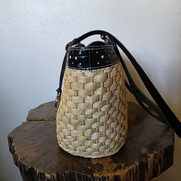 Brighton Straw & Black Leather Woven Tote Bag Heart Charm Polka Dot Trim Purse - Picture 14 of 16